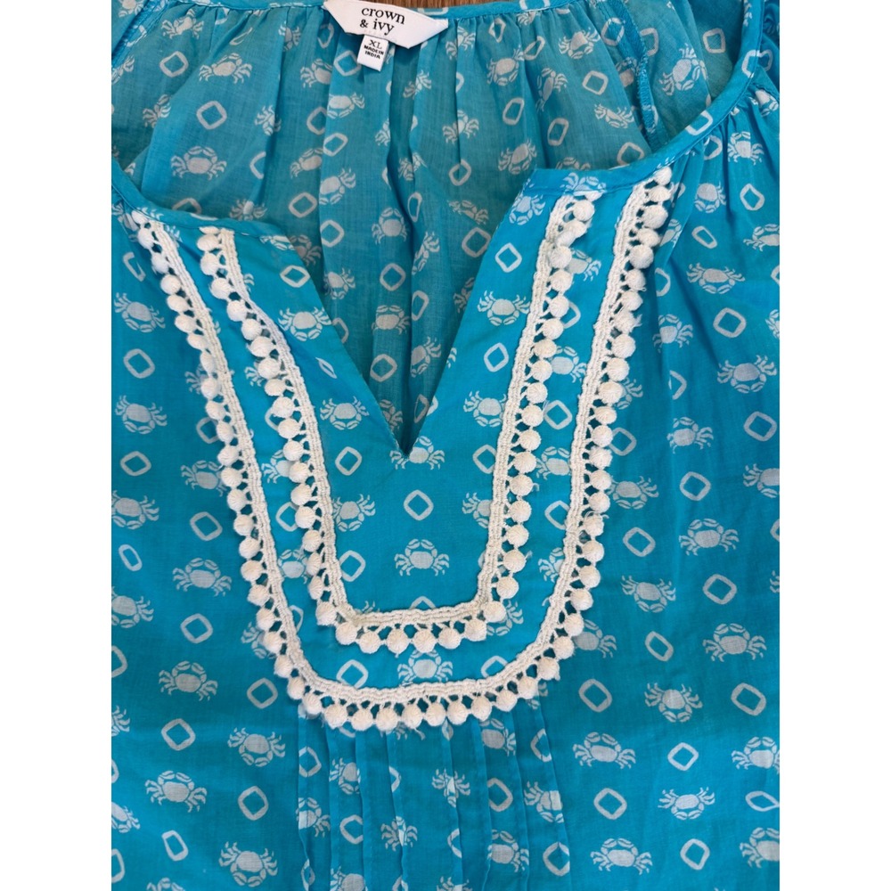 Crown & Ivy Womens XL Blue Crab Print Crochet Trim Peasant Blouse Coastal Boho - Picture 4 of 8